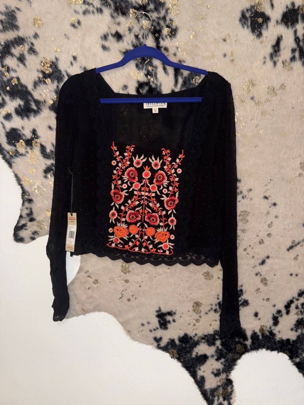 Billabong Black Cropped Cardigan with Orange and Pink Floral Embroidery